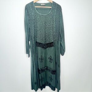 Long Green Embroidered Maxi Dress with Painterly Panels